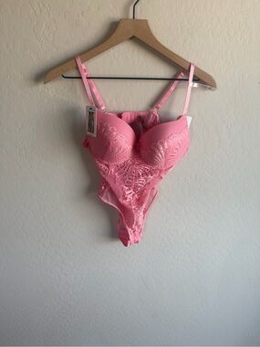Daisy Fuentes Pink Lace Push-Up Lace Mesh Teddy L NWT Coquette Barbie Festival